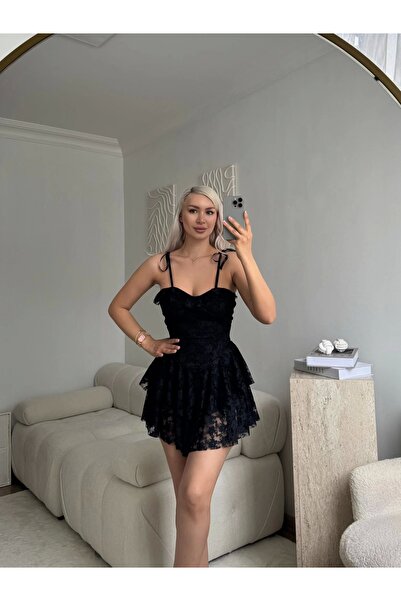 Zora Butik Şortlu Bel Korse Dantel Elbise - SİYAH