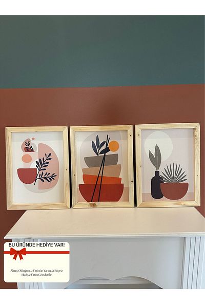 NT Handmade 3-Piece Bohemian Leaves Painting Set with Natural Wood Frame Wall Decor for Living Room Bedroom Kitchen
