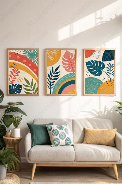 Wallspresso Tropikal Renkli Yapraklar Bohem Ahşap Çerçeveli Tablo - 3'lü Tabl...