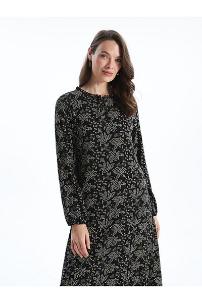 LC Waikiki Black Tie Collar Floral Women's Dress