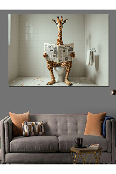 KanvasSepeti Tuvalette Gazete Okuyan Zürafa Yağlı boya Dokulu Yüksek kaliteli...