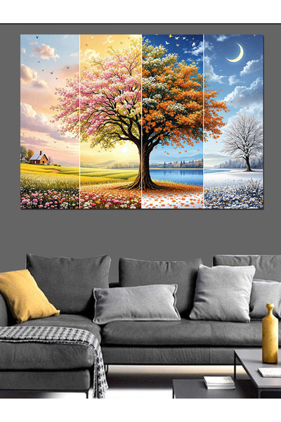 ekart Dört Mevsim Ağaç Manzarası Dekoratif Kanvas - Mdf Ahşap Tablo