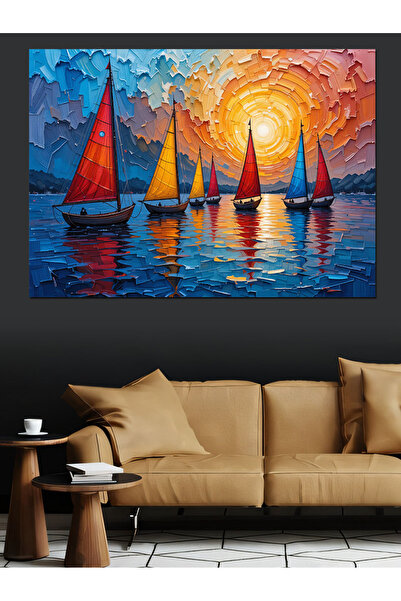 KanvasSepeti Цветни ветроходни лодки на езерото Маслена живопис Текстуриран в...