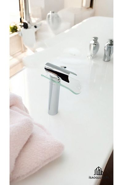 İSAOĞLU YAPI Silver Bowl Sink Faucet Glass Design Bowl Faucet High Model Chrome