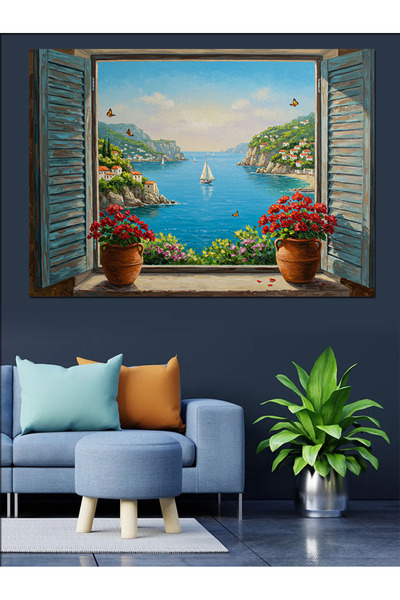 ekart Pencereden Mavi Deniz Manzarası Dekoratif Kanvas - Mdf Ahşap Tablo