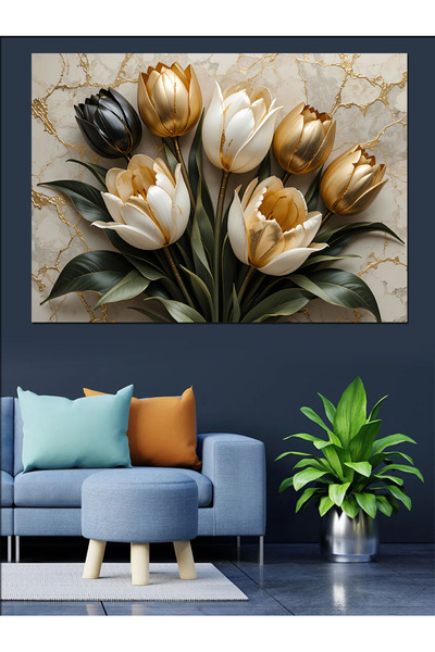 ekart Altın Bronz Lale Buketi Dekoratif Kanvas - Mdf Ahşap Tablo