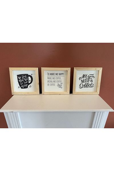 NT Handmade Coffee Wall Decor with Natural Wood Frame - Painting Set for Kitchen Coffee Corner