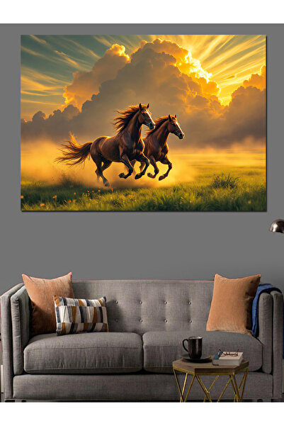 ekart Gün Batımında Koşan Atlar Dekoratif Kanvas - Mdf Ahşap Tablo