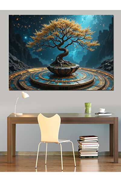 ekart Altın Işıklı Bonsai Ağacı Dekoratif Kanvas - Mdf Ahşap Tablo