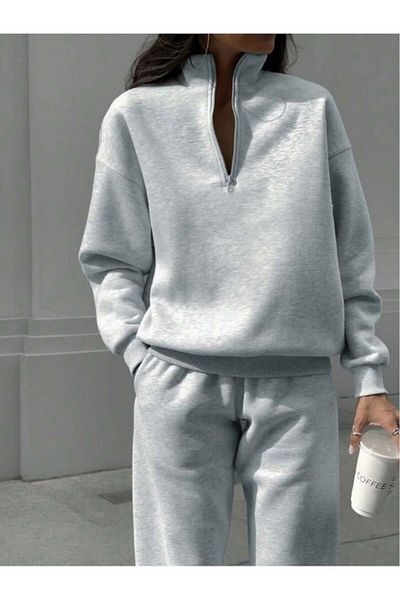 DUBU BUTİK Γκρι Oversize Φούτερ Jogger Set - Μασίφ φερμουάρ, ράστερ γιακάς
