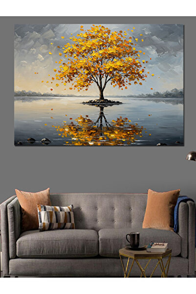 KanvasSepeti Pictură în ulei cu copac galben pe apă, texturată, pânză de înal...