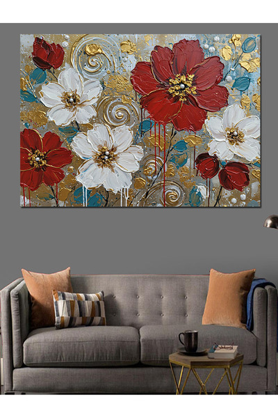ekart Kırmızı Beyaz Vintage Çiçekler Dekoratif Kanvas - Mdf Ahşap Tablo