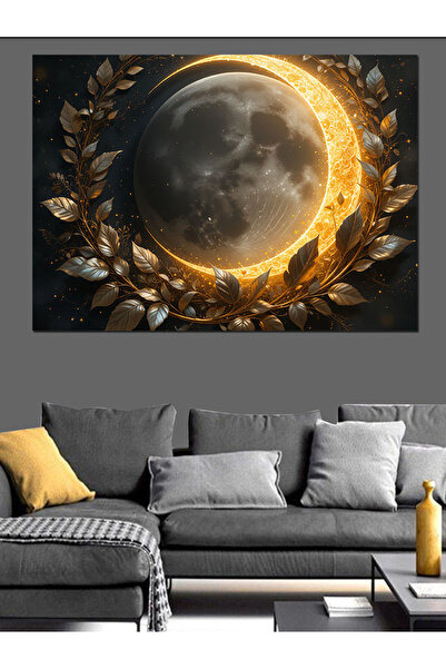 KanvasSepeti Pictură în ulei texturată cu lună în jurul cercului de aur, pict...