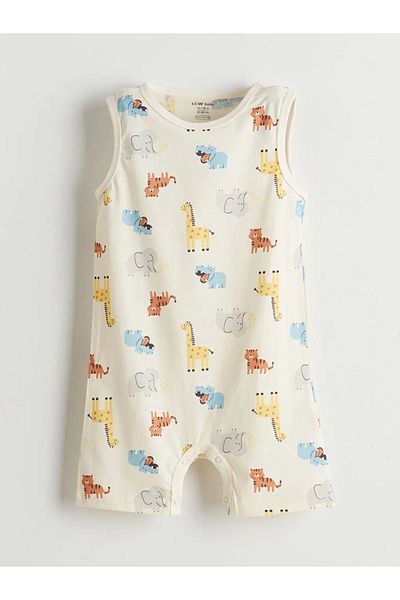 LC Waikiki Lcw Baby Beige Crew Neck Printed Baby Boy Romper