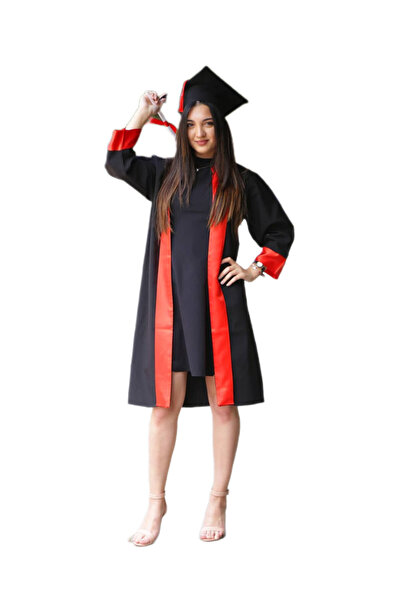 Gürtaş Tekstil Mezuniyet Cübbesi Kep Cübbe Ortaokul Siyah Kırmızı