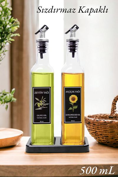 Serin Bardak Lux Square Glass Oil Pot with Black Stand 2 pcs 500 ml
