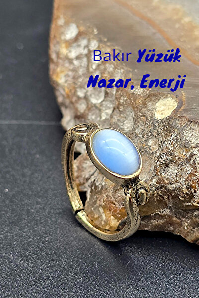 NBS Beautiful Naturel Stones Pure Copper Women's Blue Cat Eye Ring Adjustable...