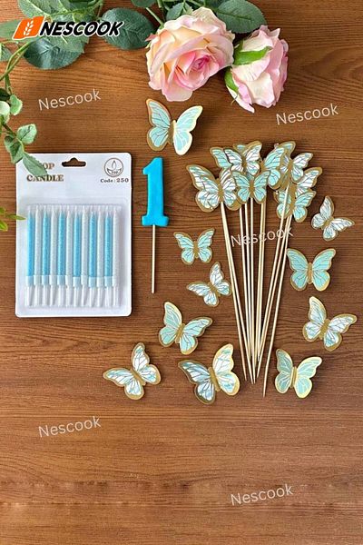 nescook Butterfly Cake Top- Number One Blue Sugar Pulp - Birthday Candle- 1 Year Old Party-Birthday Party
