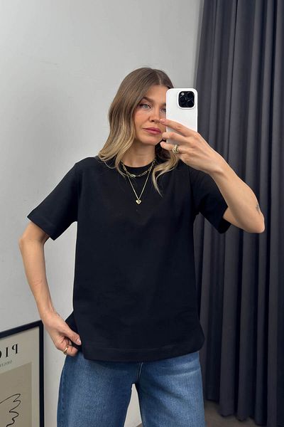 Sue Store Черна тениска с кръгло деколте Premium Oversize