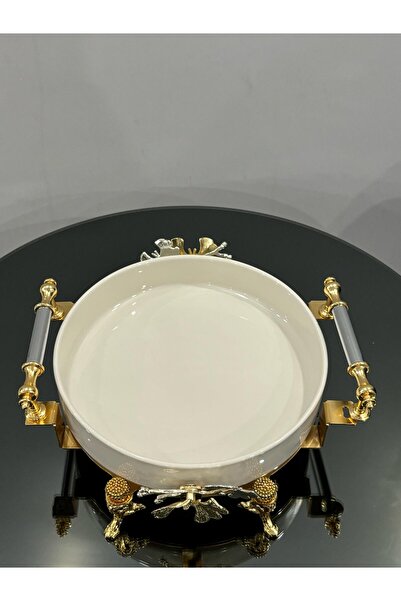 PARILTI HOME COLLECTİON Kelebekli Yuvarlak Fırın Porselen Sunum Tabağı Gold Tomurcuklu Ayak Detaylı & Özel Lazer Kesimli