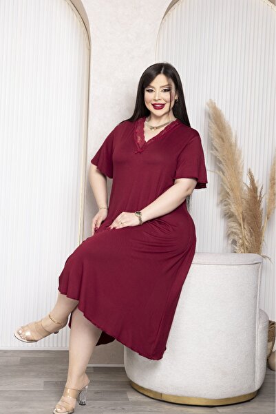 şuranur Φόρεμα με λαιμόκοψη από μπαμπού με λεπτομέρεια φούστα με δαντέλα μεγάλο μέγεθος 7xl