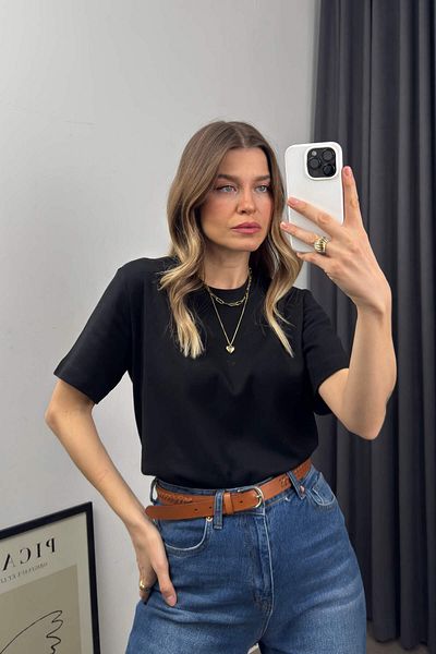 Sue Store Черна тениска с кръгло деколте Premium Oversize