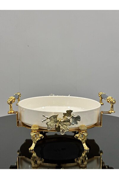 PARILTI HOME COLLECTİON Kelebekli Yuvarlak Fırın Porselen Sunum Tabağı Gold Tomurcuklu Ayak Detaylı & Özel Lazer Kesimli
