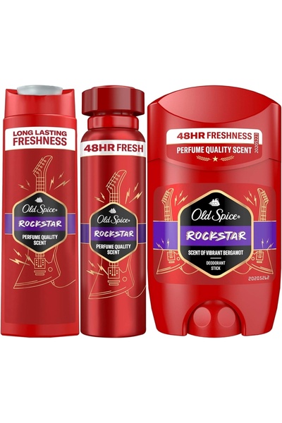 Old Spice Rockstar Duş Jeli ve Şampuan 400 ml, Stick Deodorant 50 ml, Sprey Deodorant 150 ml 3'lü Set