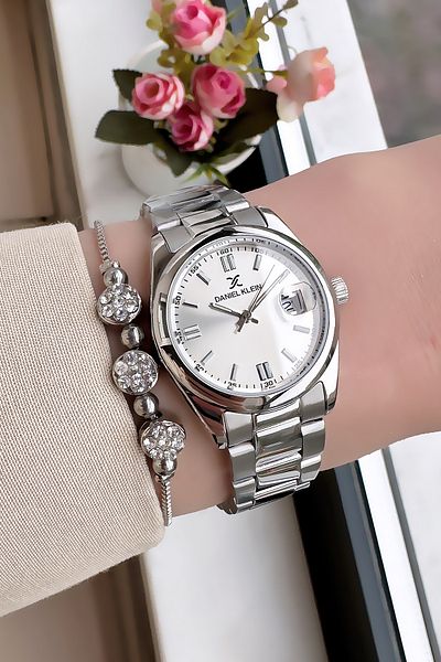 Daniel Klein Women Wrist Watch 3 Atm Waterproof Silver Color Steel Band + Bracelet Gift