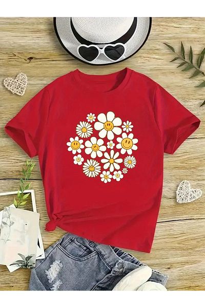 vinraus Girl\Boy Red Daisies Printed Combed Cotton T-Shirt