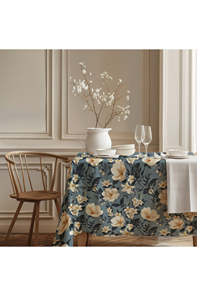 Meine Home Çiçek Desenli Mavi Keten Masa Örtüsü