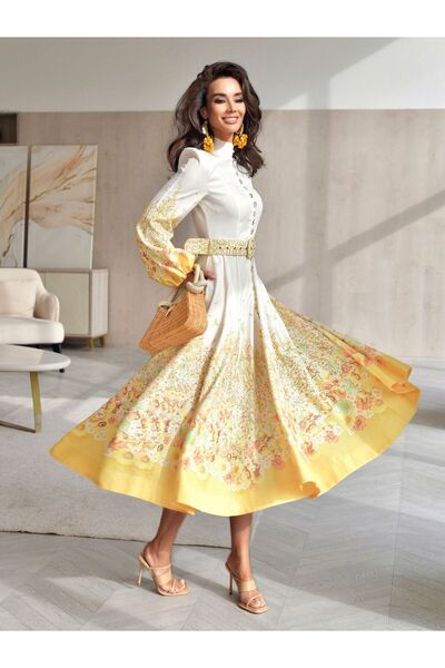 Julidress Rochie de in, cu model floral galben, cu nasturi, cu gât înalt, cu ...