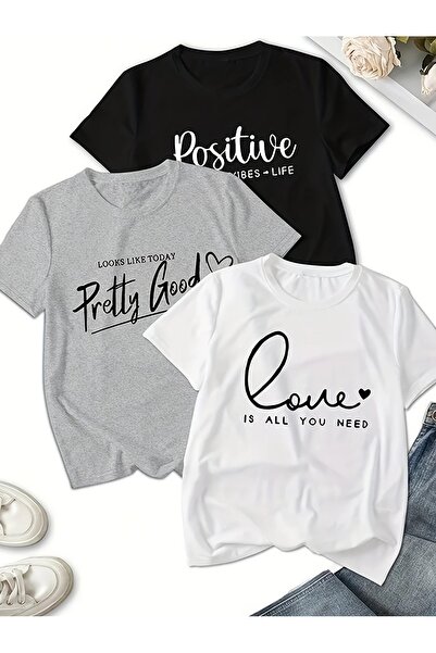 LOTS MODA Σετ 3 τμχ Καλοκαιρινά άνετα μπλουζάκια με αγγλικά γράμματα και στάμ...