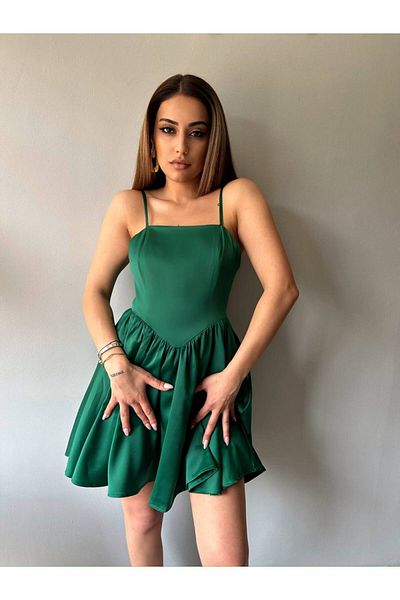 Fav Style Women's Strappy Waist Detailed Mini Satin Dress Emerald Green