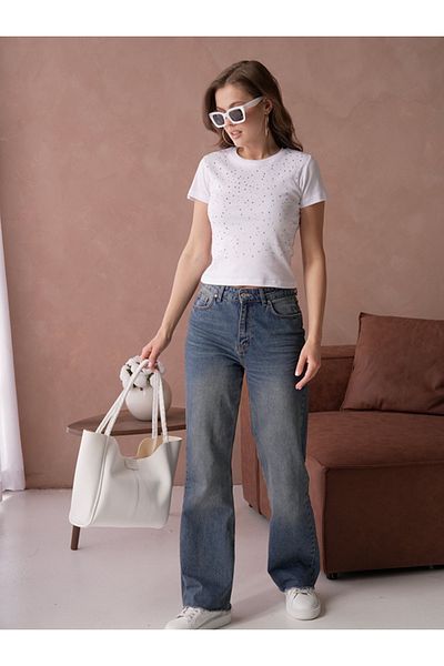 MODA Strivex White Shiny Stone Print Detailed Regular Fit T-Shirt