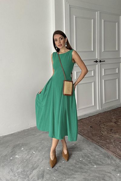 modaserdem Green Side Gathered Midi Length Linen Dress