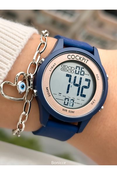 Cockpit Brand Water Resist, Alarm, Illuminated, Dark Blue Silicone Strap Sports Men's/Women's Wristwatch