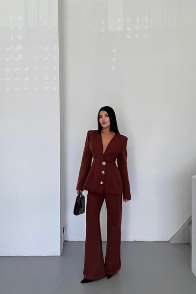 Simala Brown Design Jacket-Pants Suit with Metal Button Detail