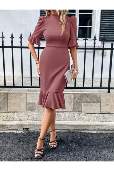 Moka Shopin MokaShop Γυναικείο Midi Φόρεμα - Κοντό μανίκι, μισό γιακά ψαρά με βολάν στο στρίφωμα