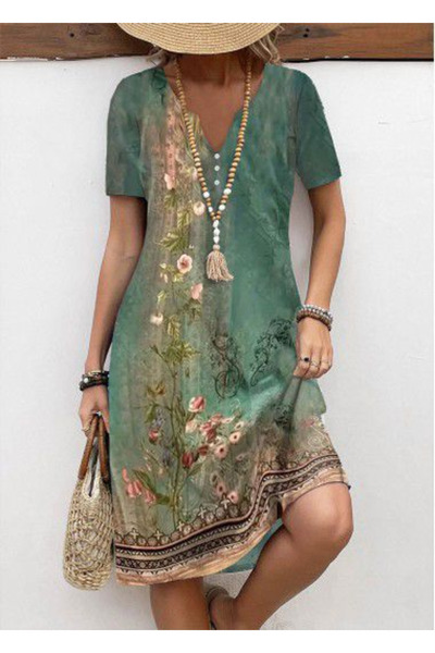 Kokosh moda Γυναικείο κοντό μανίκι V λαιμόκοψη φλοράλ εμπριμέ μίντι μονό ζέρσ...