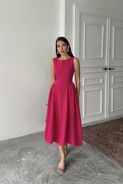 modaserdem Fuchsia Midi Length Linen Dress with Shirred Sides