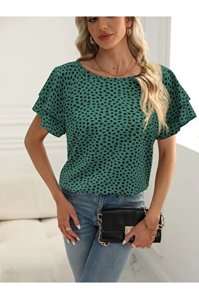 GENCULUS Edolika Women's Short Sleeve Flounce Sleeves Printed Single Jersey B...