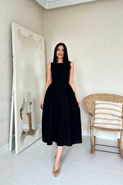 MRA Fashion Black Midi Length Linen Dress with Shirred Sides