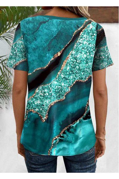 MODAVERA Women's Short Sleeve V-Neck Front Buttoned Printed Single Jersey Blouse