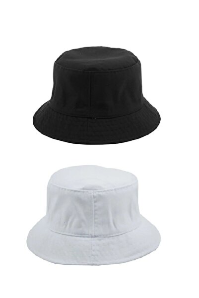 derikem 2'li Yazlık Kumaş Kova Şapka, Erkek Kadın Düz Balıkçı Bucket Şapka, Unisex Siyah-beyaz