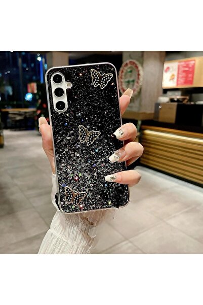 Rivor Samsung Galaxy S24 FE Uyumlu Kılıf Kamera Çıkıntılı Simli 3D Kelebek Ka...