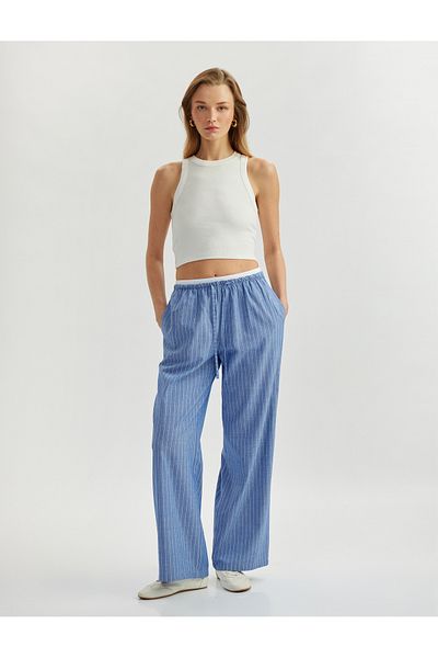Koton New Season Double Waist Detailed Pocketed Cotton Viscose Fabric Straight Loose Wide Leg Trousers