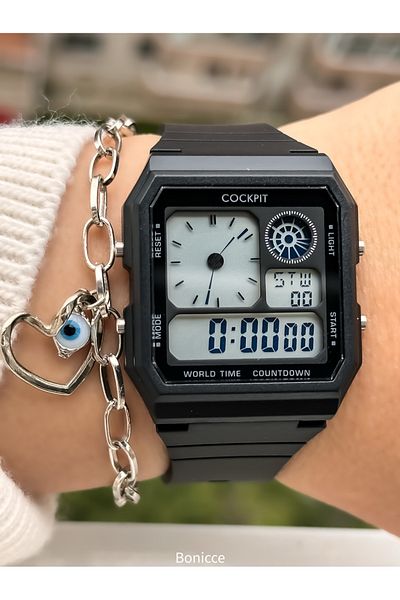 Cockpit Brand Water Resist, Alarm, Illuminated, Black Silicone Strap Sports Men's/Women's Wristwatch