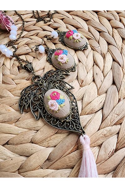 LADYETAMIN Brazilian Embroidery Handmade Women's Necklace and Earrings Set - Etamin Embroidered Flower Bouquet Women's Set