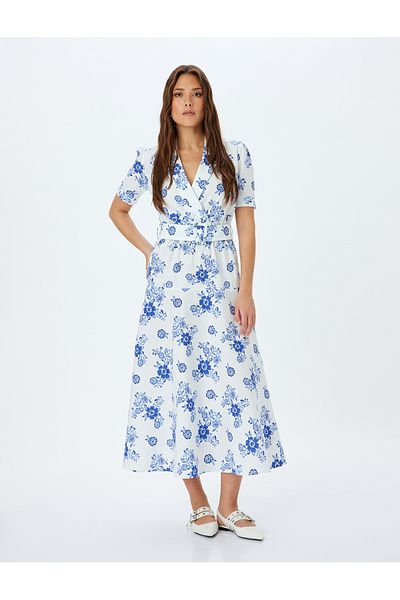 Koton Cotton belt-detail short sleeve wrap collar maxi floral dress.